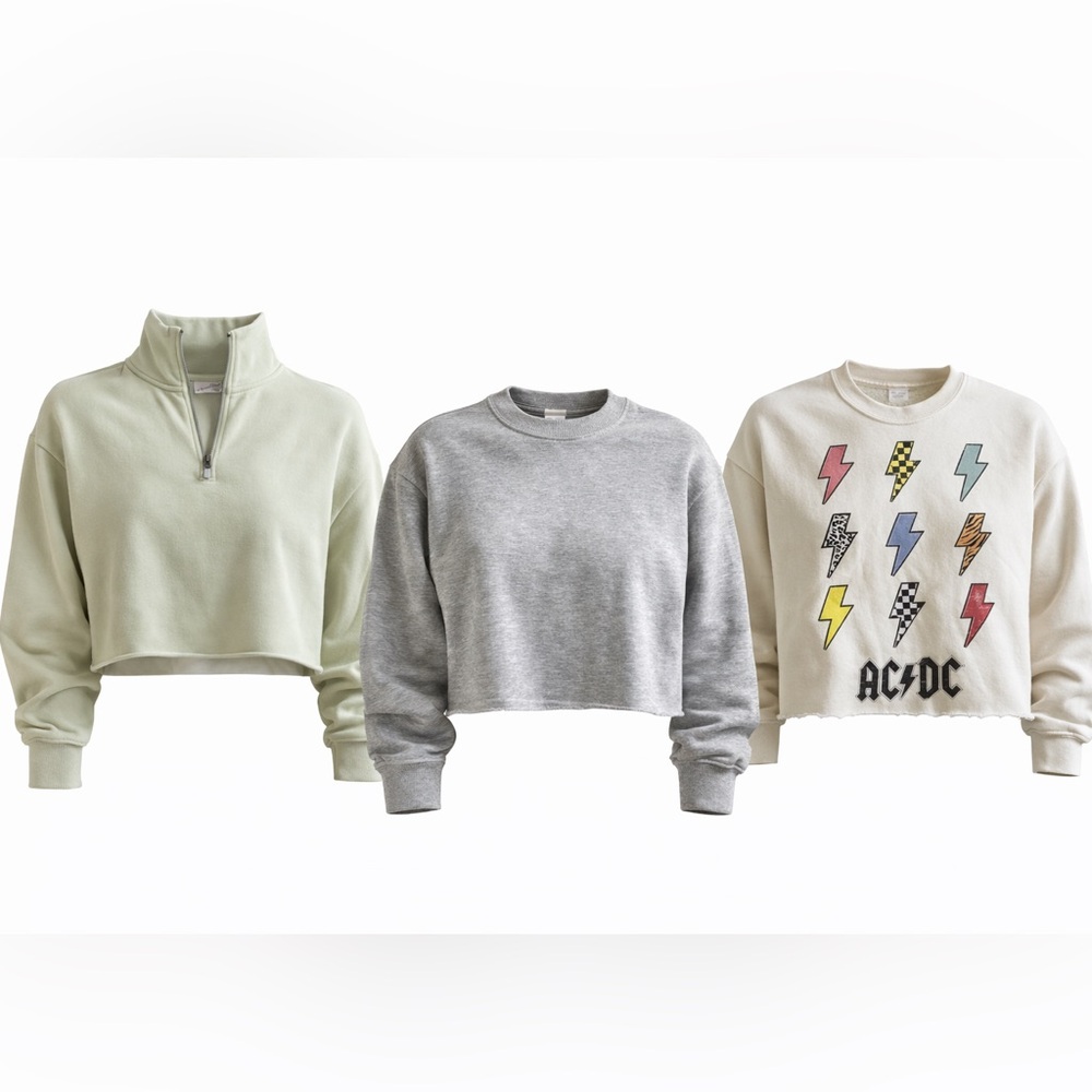Trendy Cropped Sweatshirt Bundle L AC/DC Graphic + Quarter Zip + Basic Crew